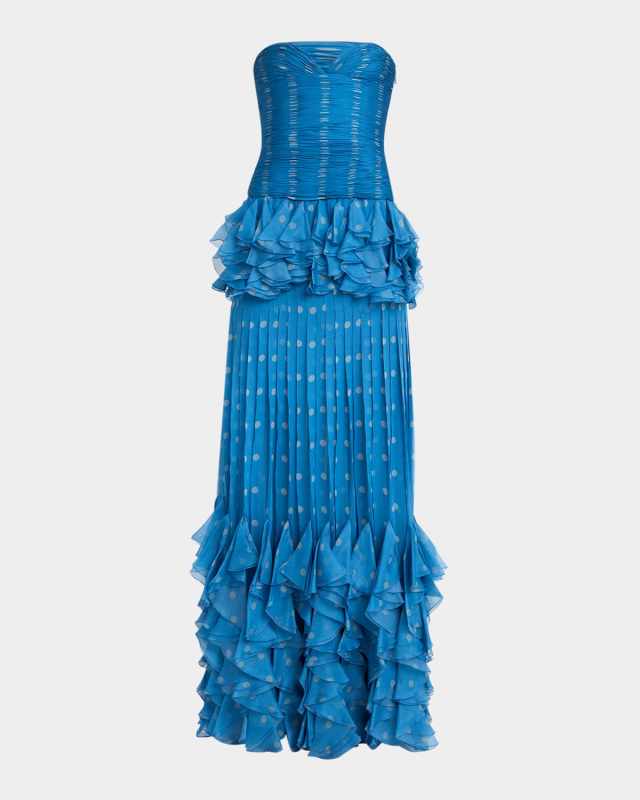 Strapless Pleated Polka-Dot Gown